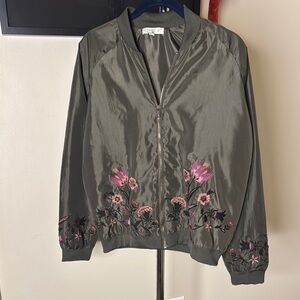CAbi Green and Pink Floral Embroidered Bomber Jacket